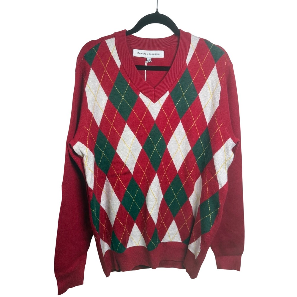 NWT Curations Ty Mayberry Argyle V-Neck Sweater Red Green White Holiday L